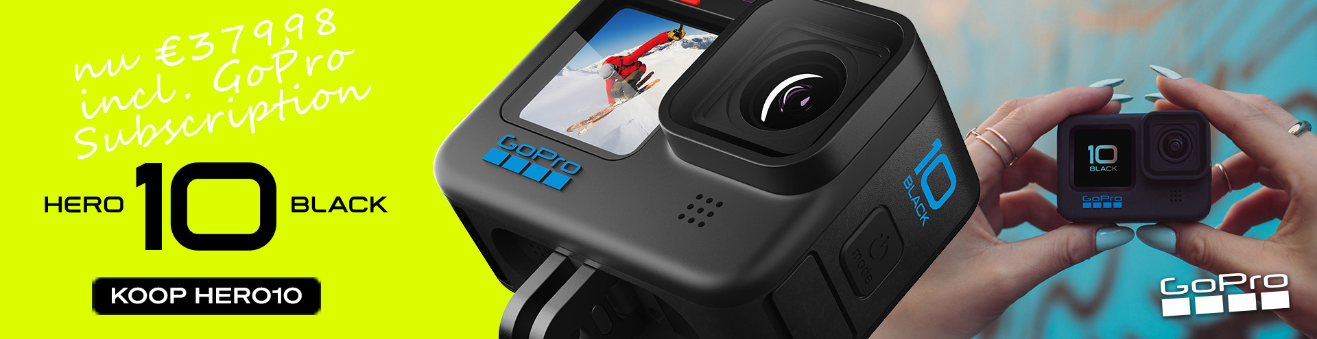 Bespaar € 200 op de HERO10 Black – abonneer je op GoPro en koop de HERO10 voor slechts € 379,98. Deze aanbieding omvat een GoPro HERO10 Black, extra batterij, een SD-kaart van 32 GB en een 1-jarig abonnement op GoPro. Nu kopen!